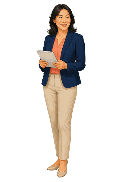 A school leader standing with a tablet.