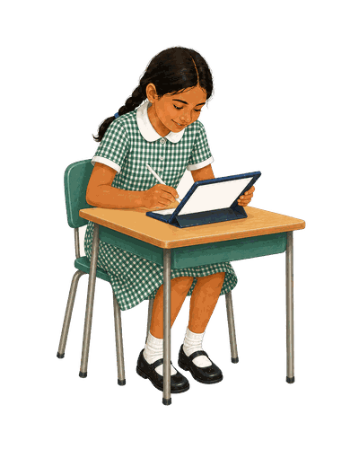 A primary student at her desk, writing her working out on a tablet.